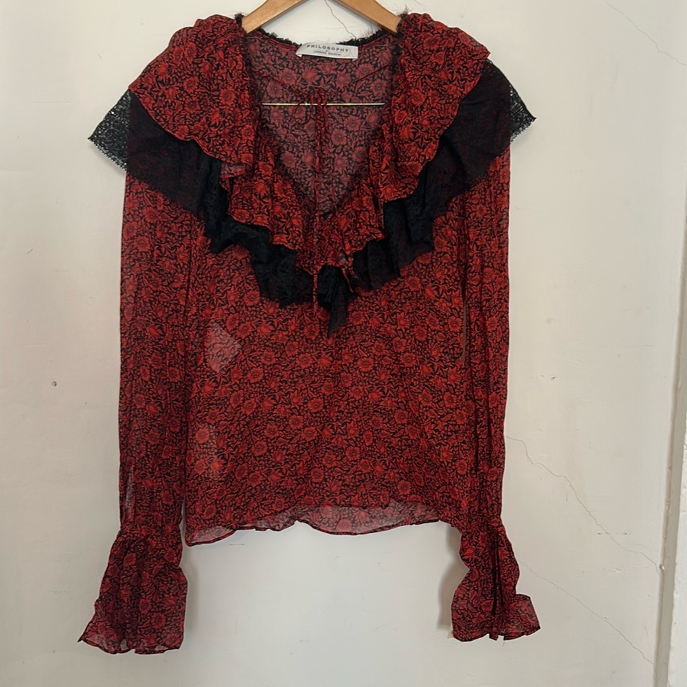 Red mini floral printed romantic ruffle blouse